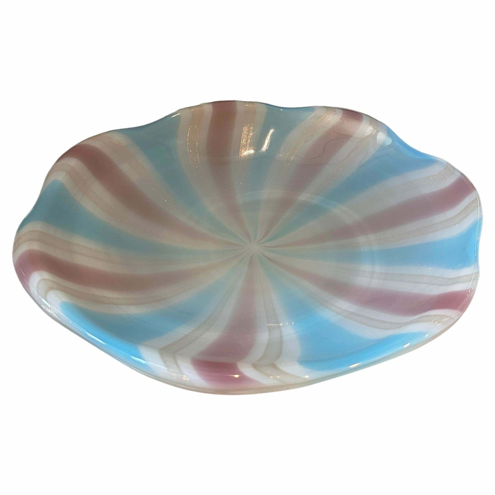 1970s Venini Style Mid Century Modern Striped Murano Glass Round Bowl
