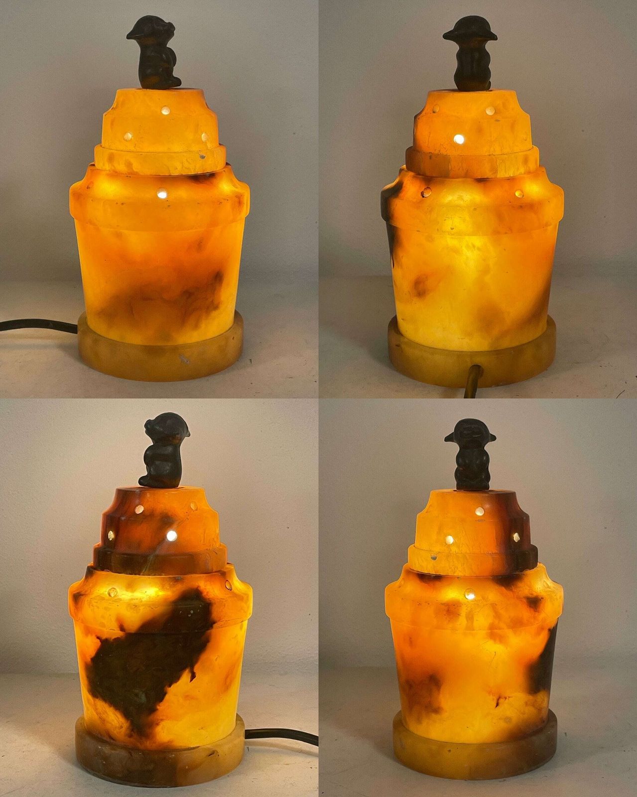 Vintage 1930s Yellow Alabaster Marbled Art Deco Table Lamp With Iron Figurine On Top, Carved Architectural Shapes And Great Light Exposure photo vintage