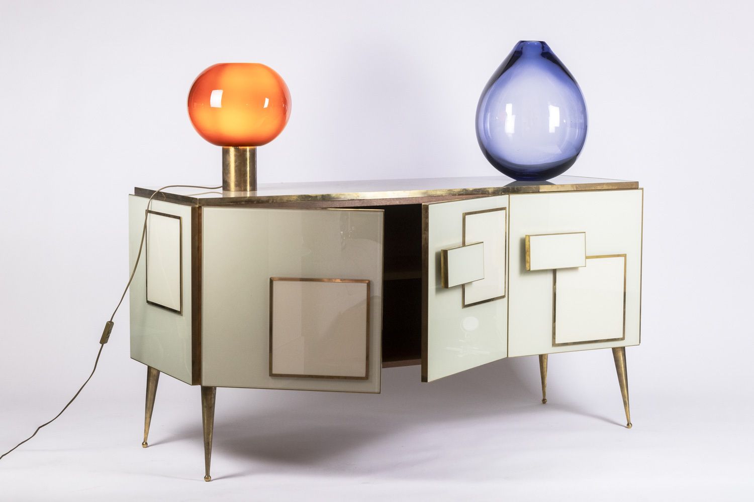 Geometric Sideboard In Glass And Gilded Brass. Contemporary Italian Work. photo furniture
