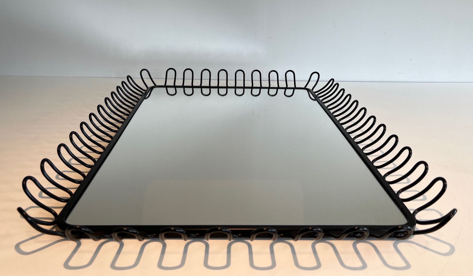 Pair Of Mirrors In Black Lacquered Metal In The Taste Of Jean Royère. Around 1980 photo vinterior