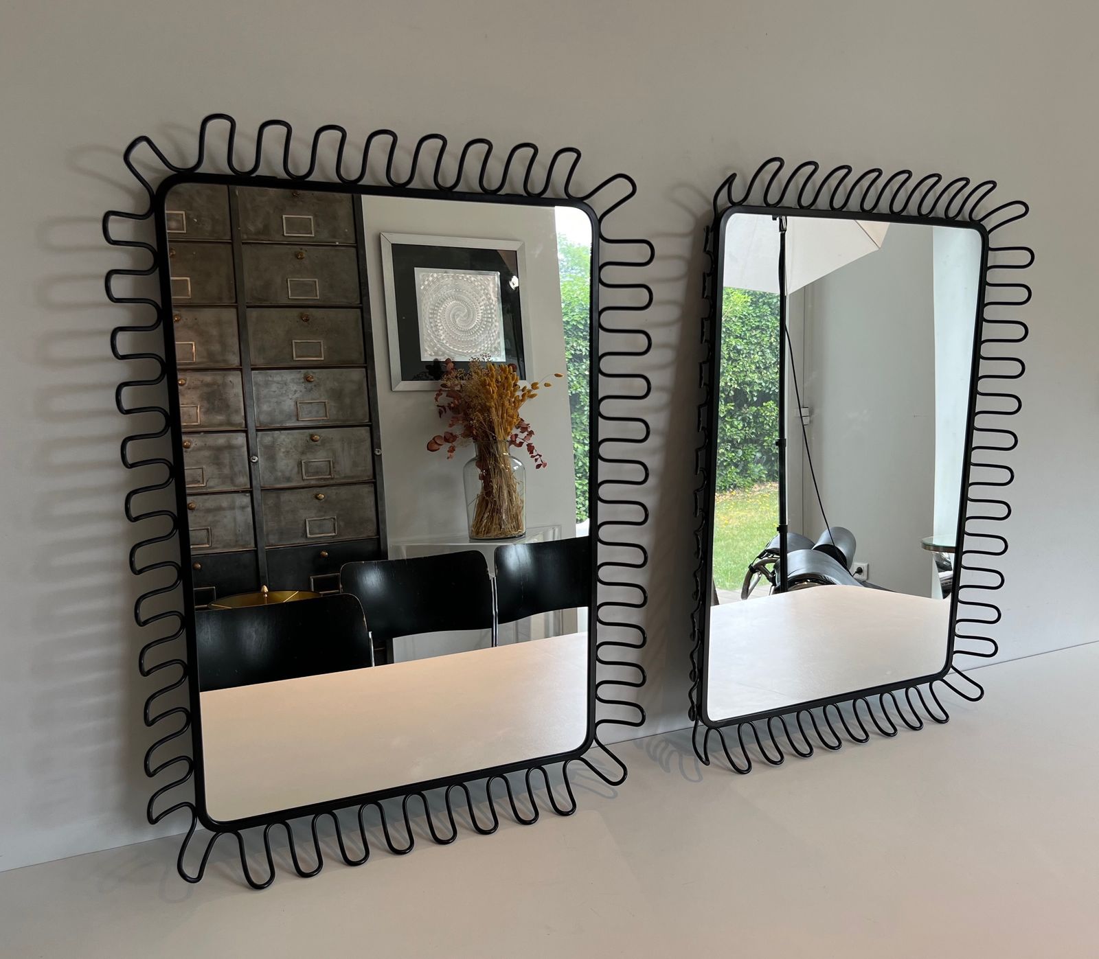 Home Decor Pair Of Mirrors In Black Lacquered Metal In The Taste Of Jean Royère. Around 1980 photo