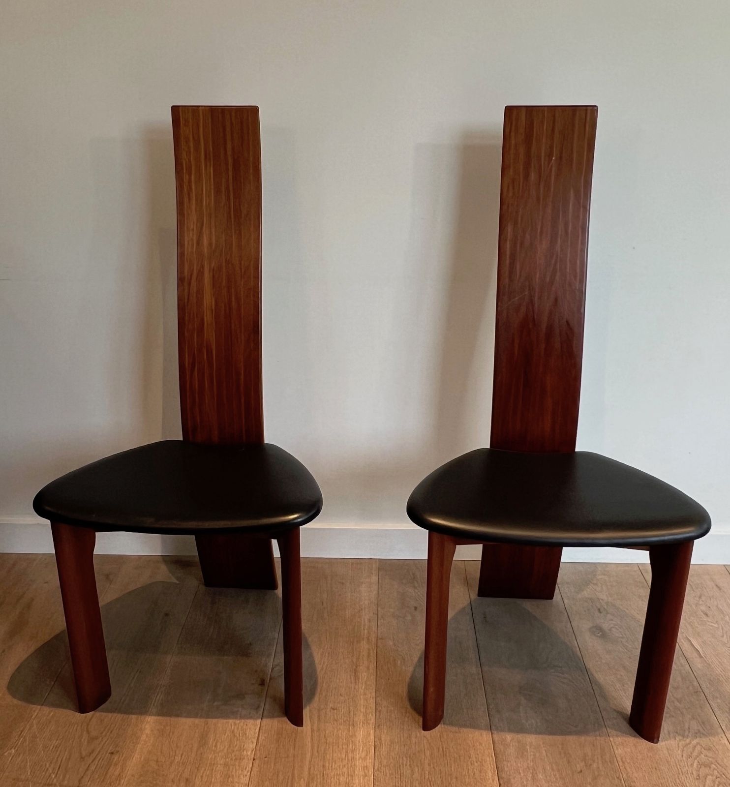 Pair Of Chairs In Exotic Wood And Leather. Scandinavian Work. Around 1970 photo Furniture