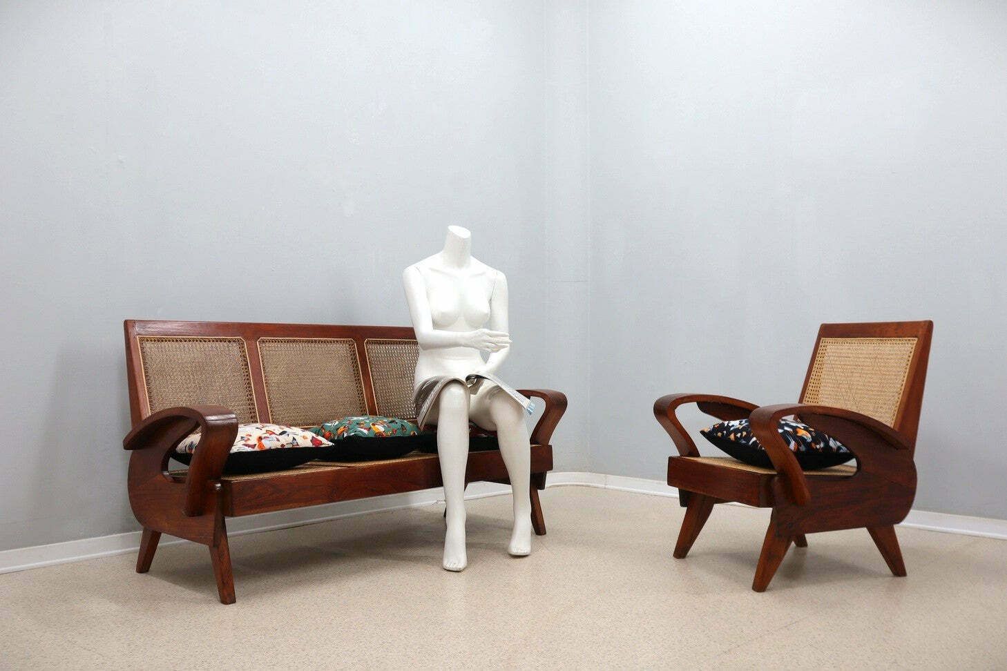 Mid Century Teak Wood And Vienna Straw Armchair 1950s photo for sale