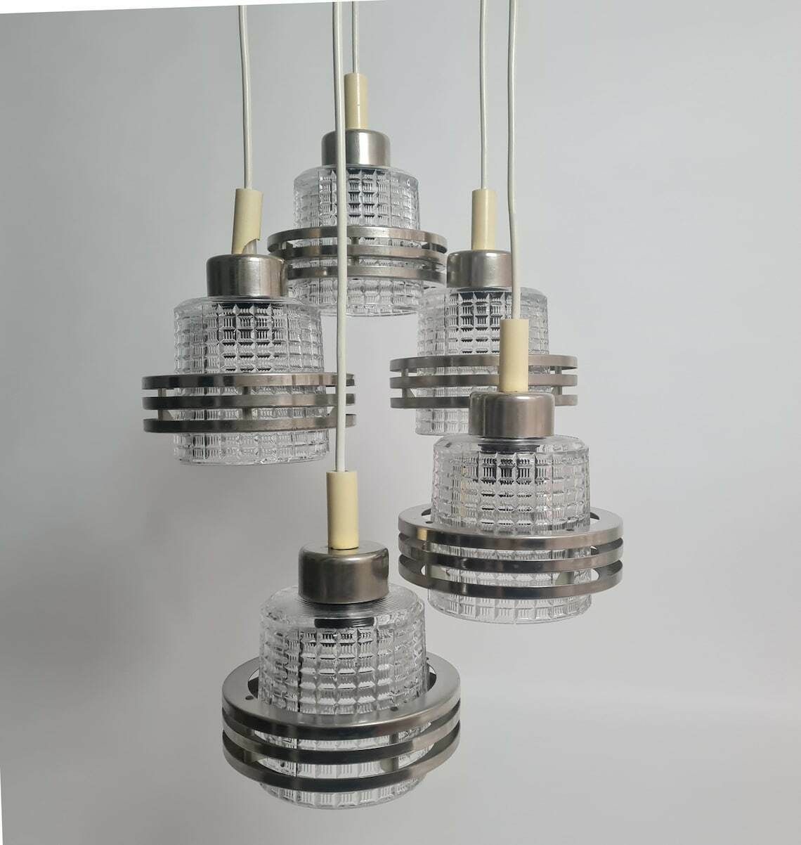 Vintage Cascading Pending Lamp Pendant 5 Lights Metal And Glass Mid Century Modern Design Chandelier Czechoslovakia 1970s photo for sale