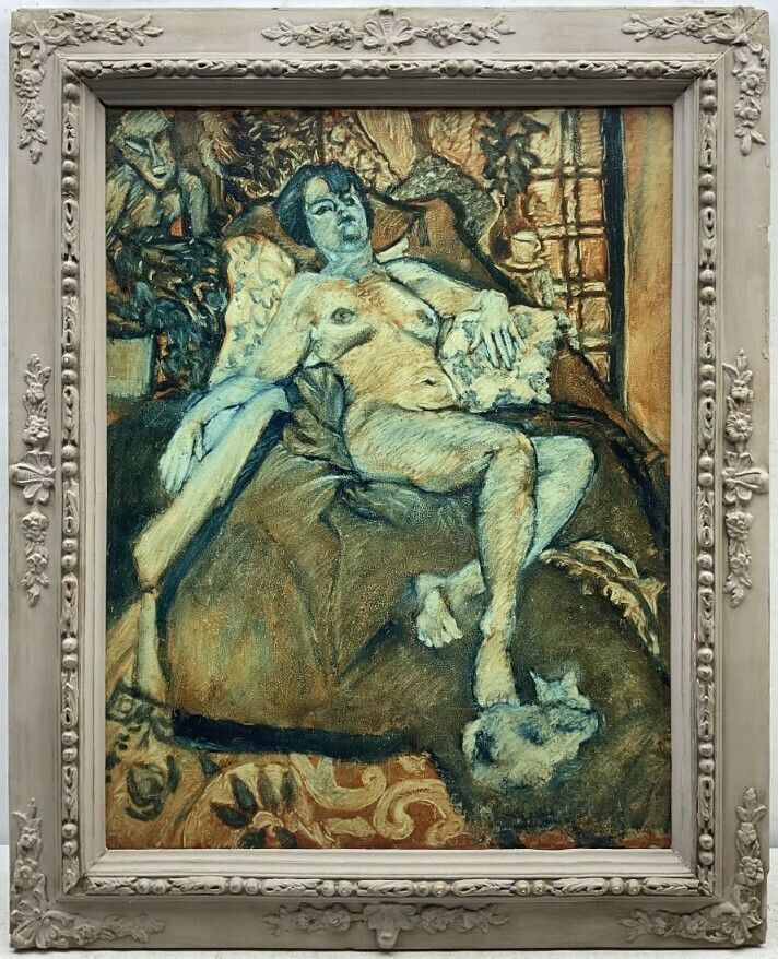 Raymond Arthur Roadnight (British 1941 ): Reclining Nude With Cat, Oil On Canvas photo for sale