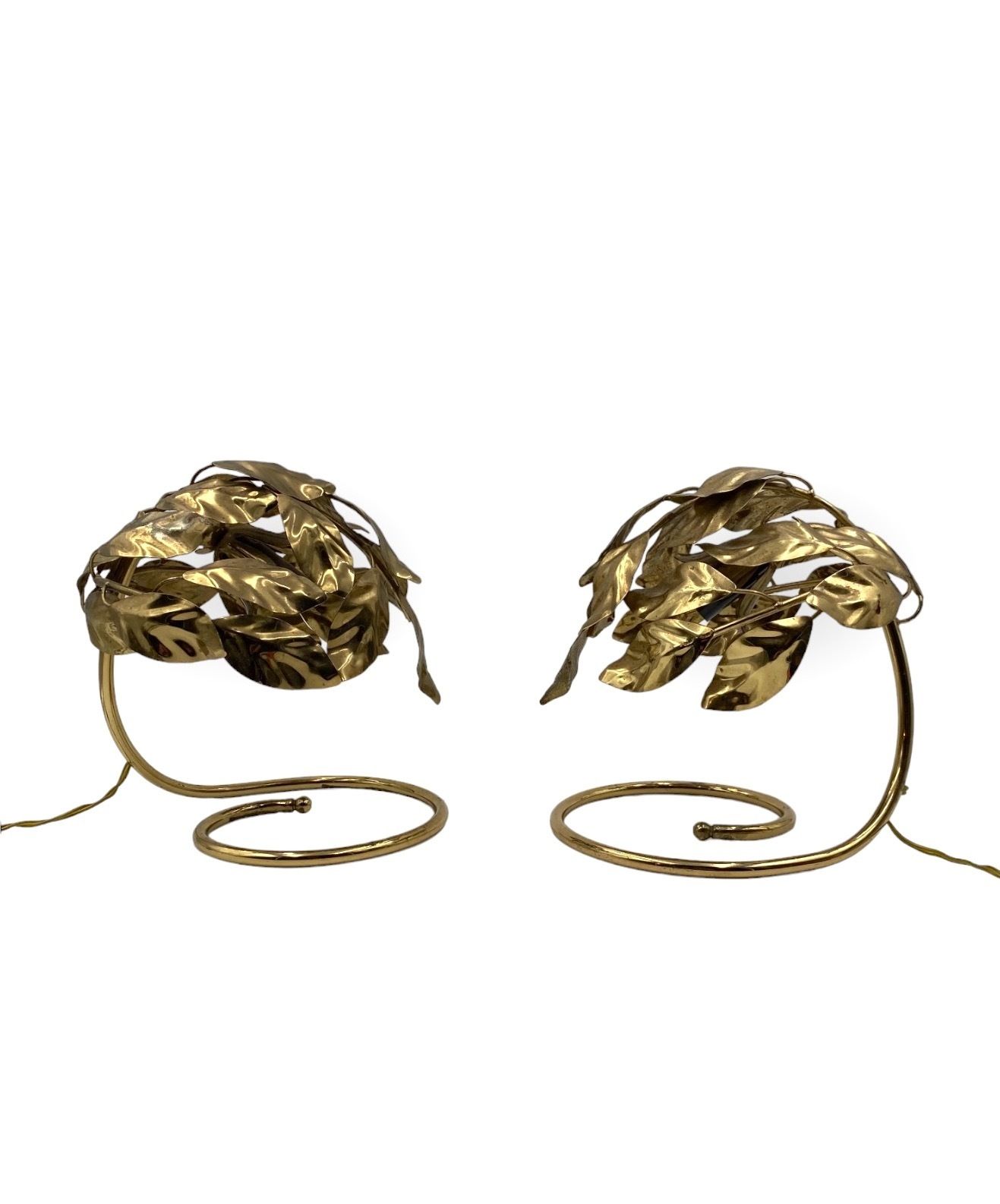 Hollywood Regency Set Of 2 Brass Leaves Table Lamps, Bottega Gadda Italy, 1970s