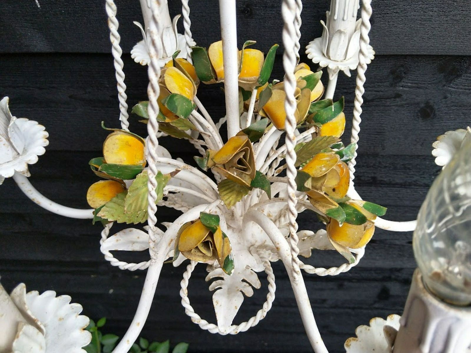 photo furniture Vintage Tole Chandelier Yellow Roses And Green Leaves 6 Arms, Yellow Flower Chandelier Brocante