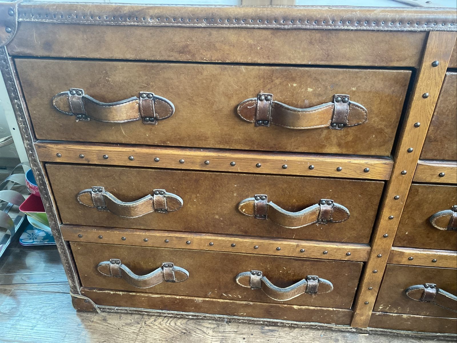 Halo Antique Cigar Leather & Studded Wood Steamer Trunk Chest Of 6 Drawers Canvas Lined Studded photo furniture