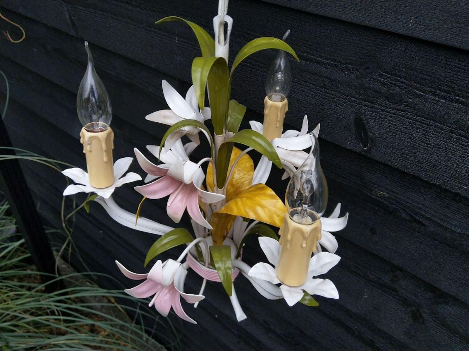 French Tole Chandelier Pink Lilies With Green Leaves 3 Arms, French Brocante Flower Chandelier, Nursery Or Girl Room Chandelier photo Lighting