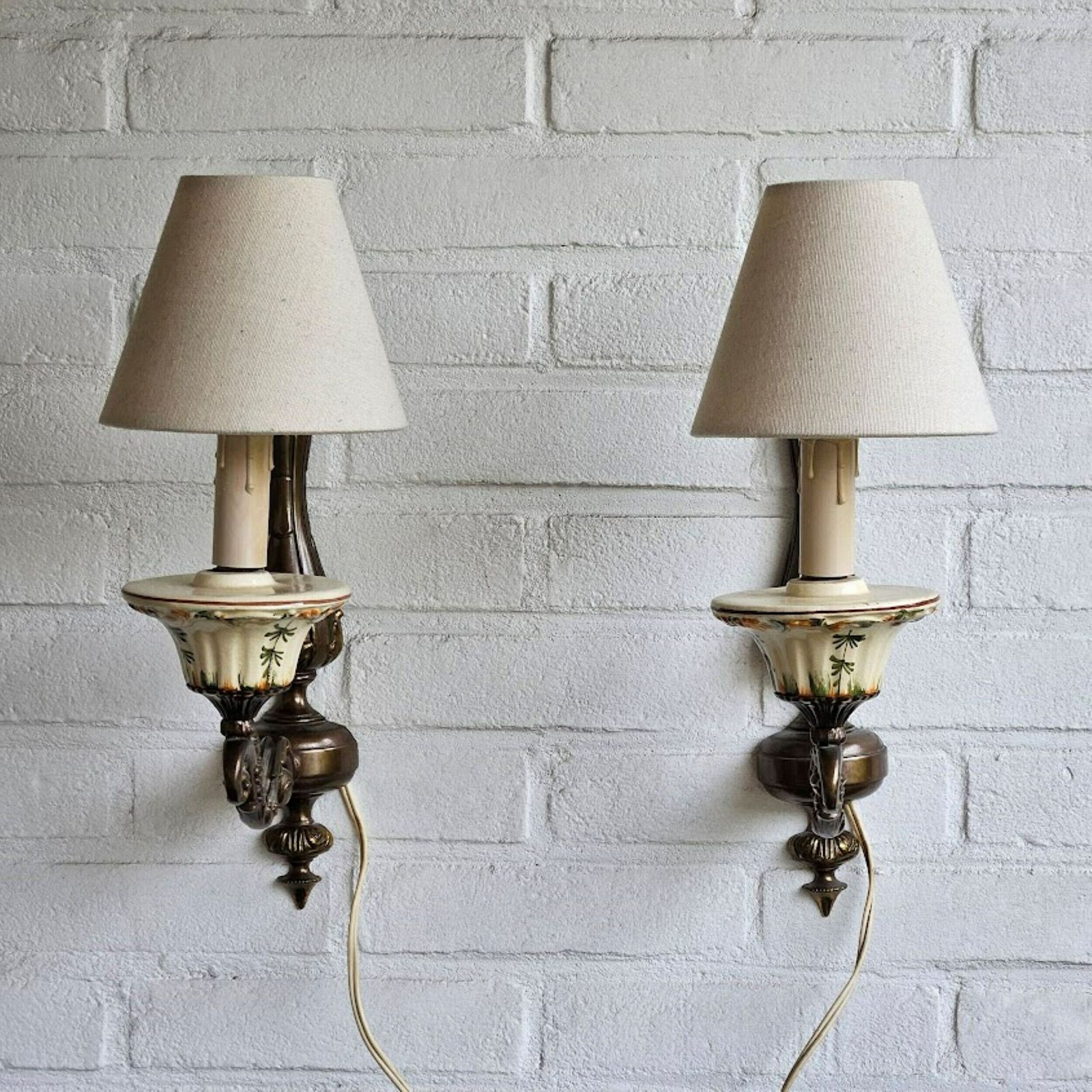 Pair Farmhouse Wall Light Sconces Brass And Hand Painted Ceramic, With Cream Lampshades, Cord And Plug, Cottage Core Sconces Set Of 2 photo for sale