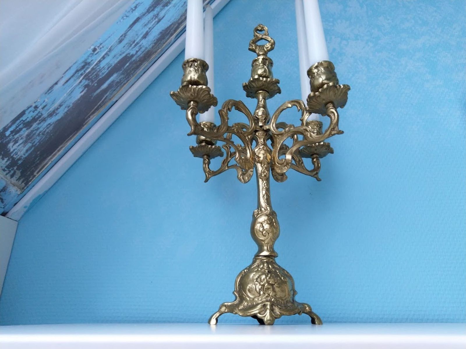 Baroque Gilded Bronze Candelabra With Snuffer 5 Candles Centerpiece, Fireplace Gold Candelabra Christmas, Wedding Candle Holder photo for sale