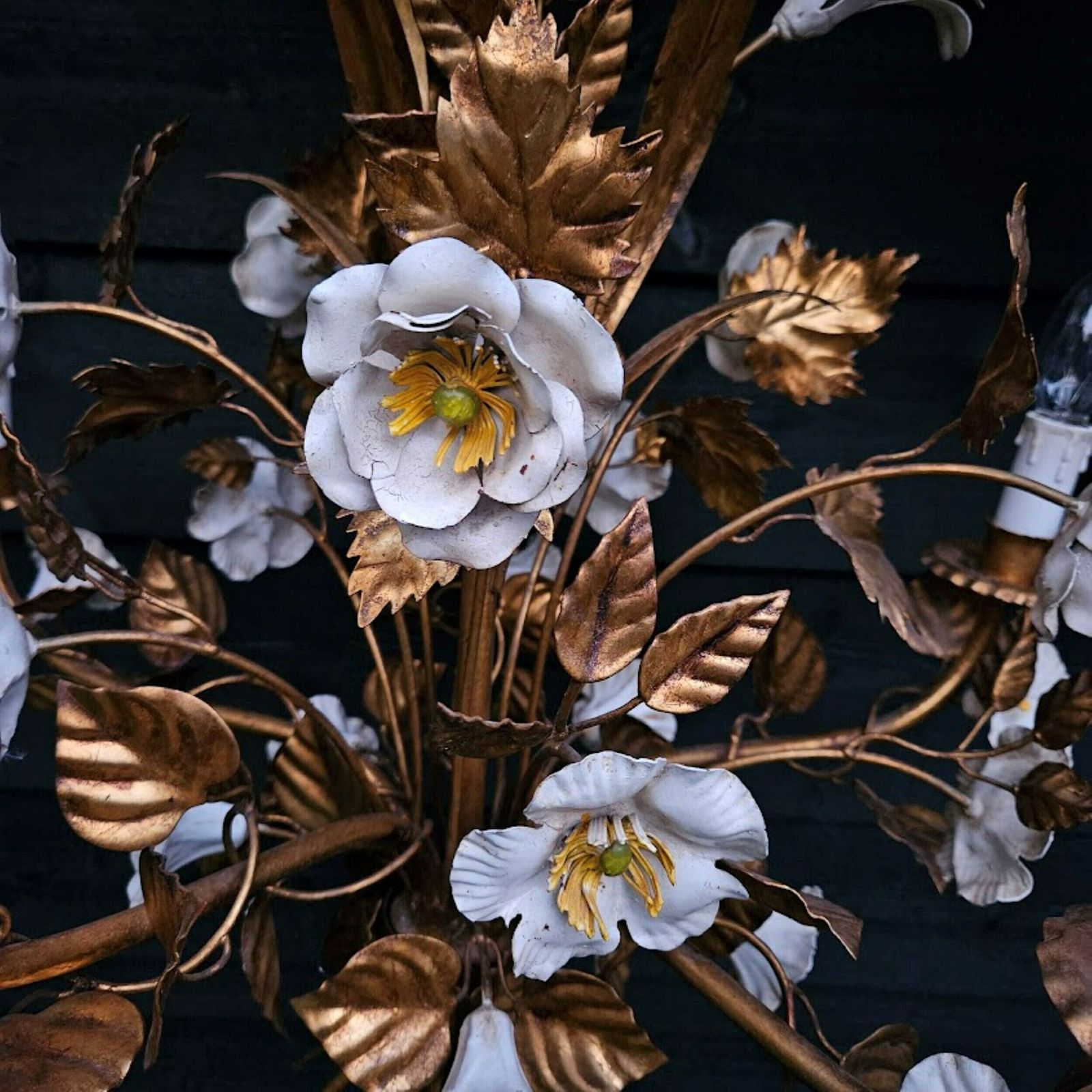 Italian Tole Flower Chandelier Copper Gold And White 5 Arms, Hollywood Regency Chandelier, Mid Century Chandelier photo 1154.0