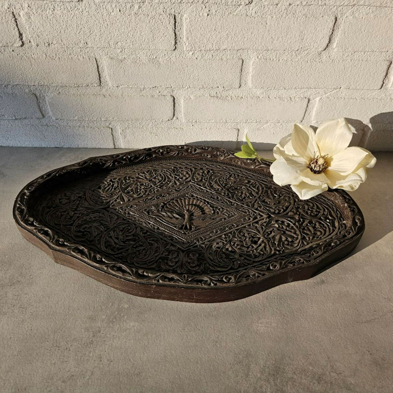 Black Carved Wood Tray Peacock Decor, Indonesian Colonial Art, New Home Gift, Indonesian Gift, Wood Anniversary Gift photo for sale