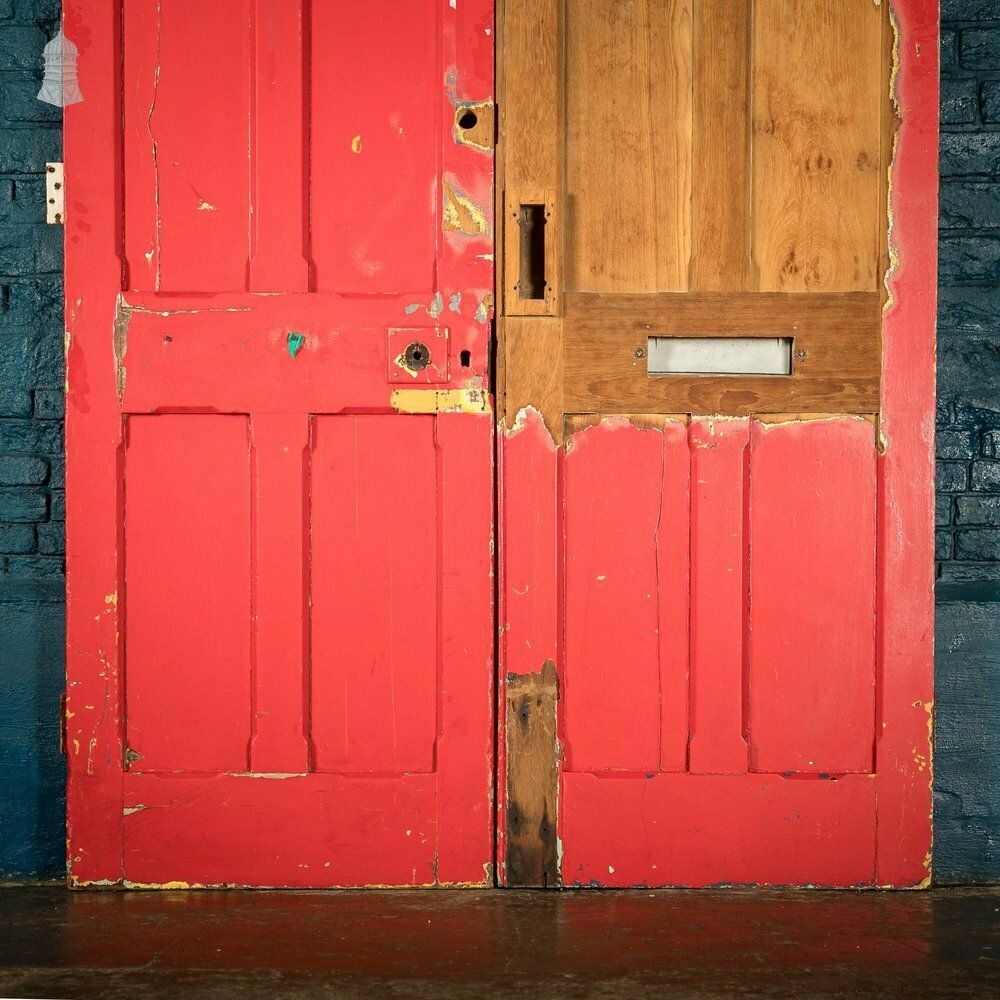 Double Doors, Teak, Raised Fielded Panels One Side, Stop Chamfer Detailing Other Side. photo vintage