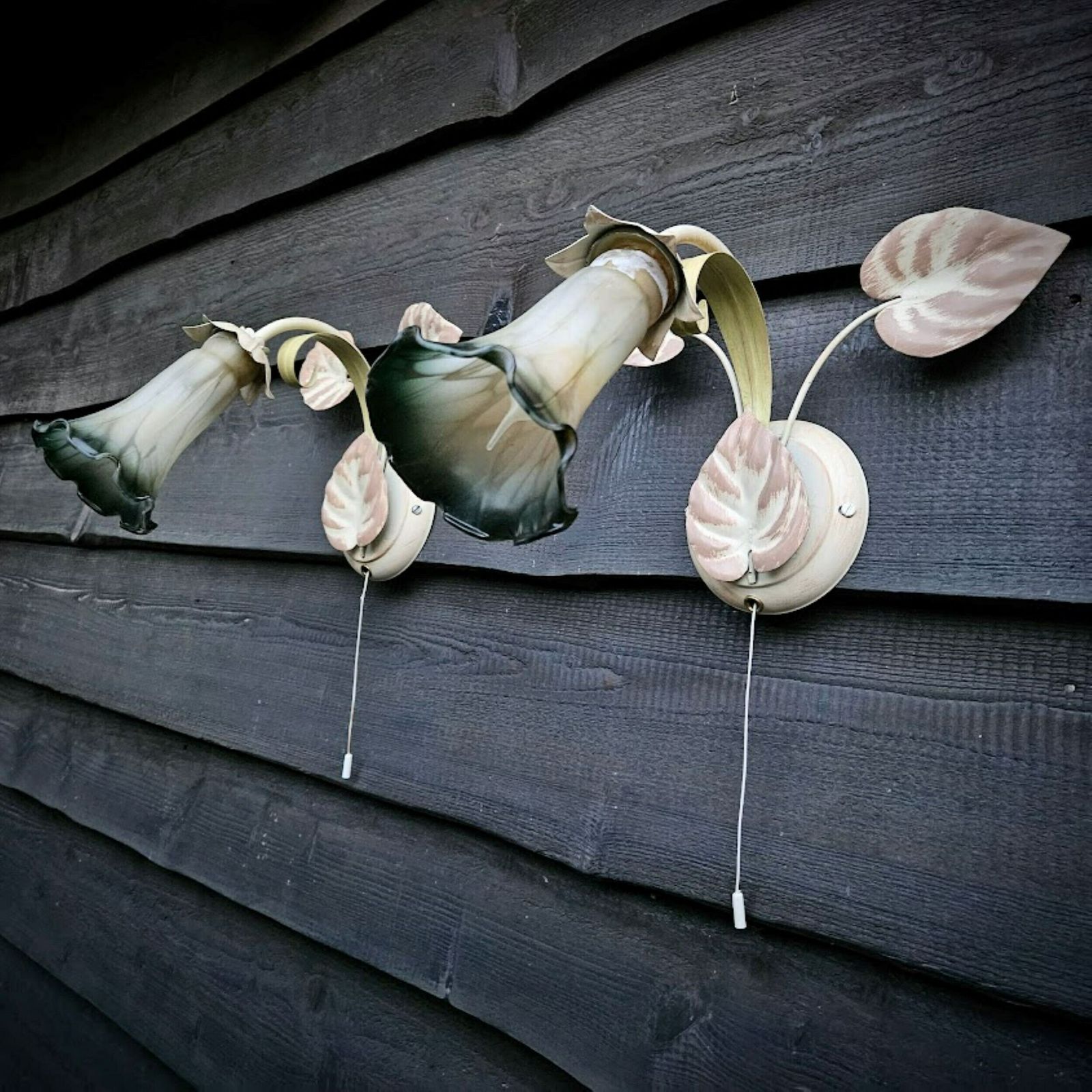 Pair Of Italian Tole Wall Sconces Light With Leaves And Lampshades Murano Glass Flowers In Shades Of Green Cream, With Switch photo buy