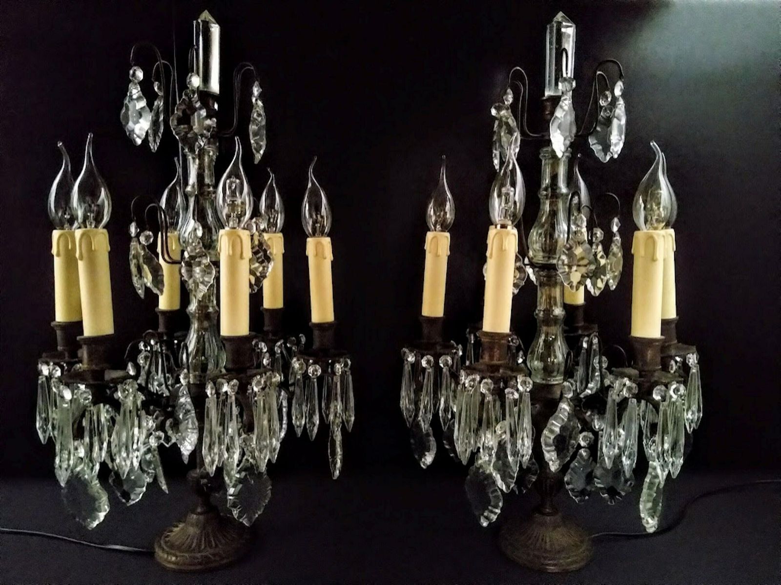 Antique Pair Of Large French Girandole Electrified, Table Lamps With Crystals, 6 Bulbs, Switch And Plug photo furniture