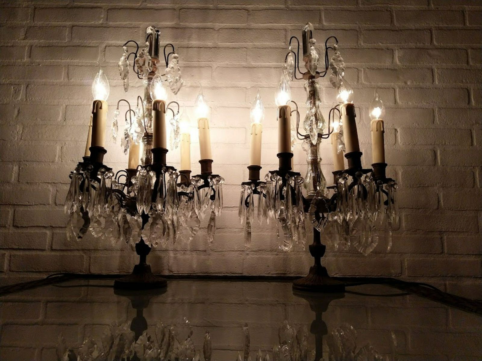 Antique Pair Of Large French Girandole Electrified, Table Lamps With Crystals, 6 Bulbs, Switch And Plug photo Lighting