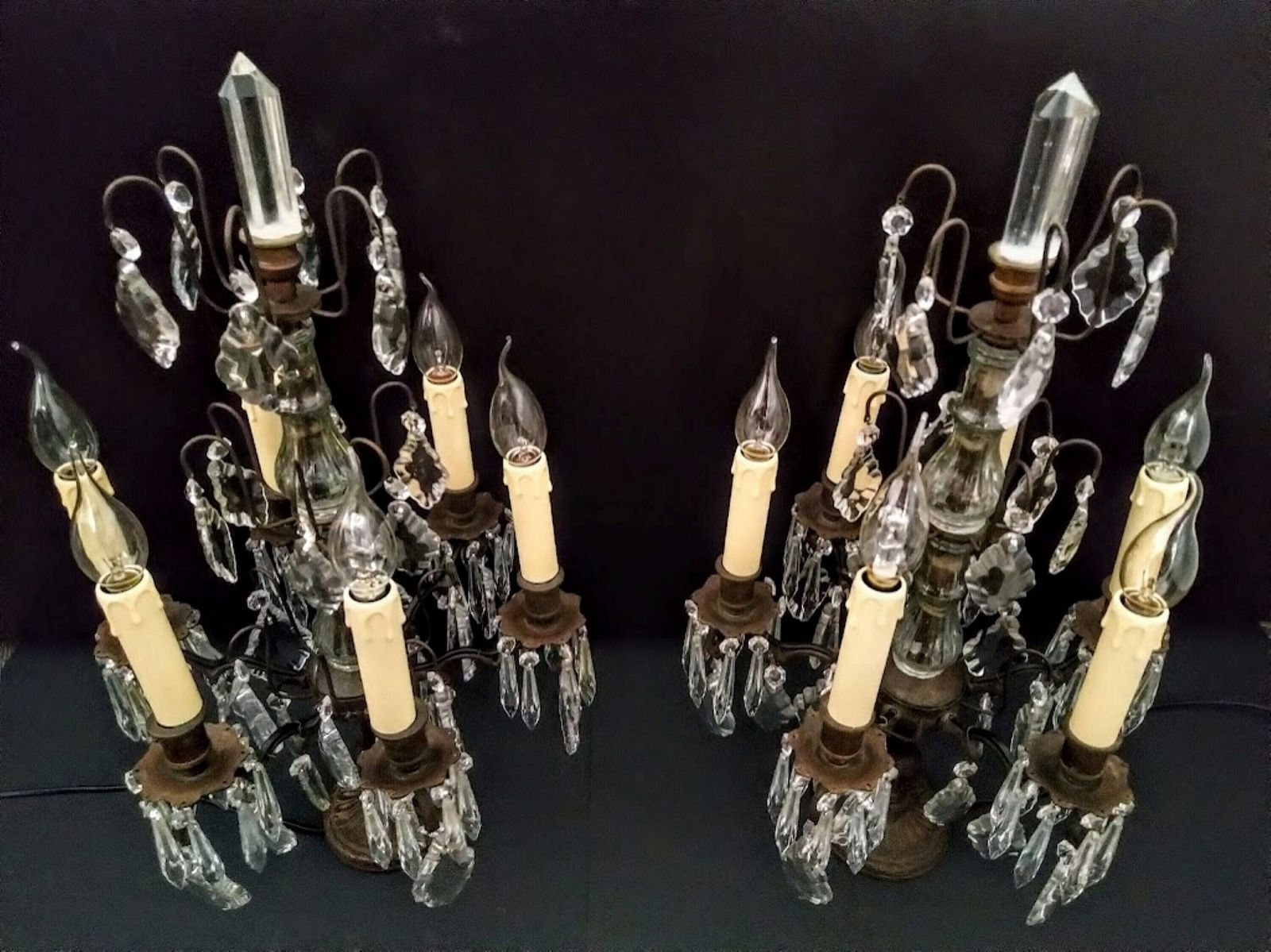 Antique Pair Of Large French Girandole Electrified, Table Lamps With Crystals, 6 Bulbs, Switch And Plug photo vintage