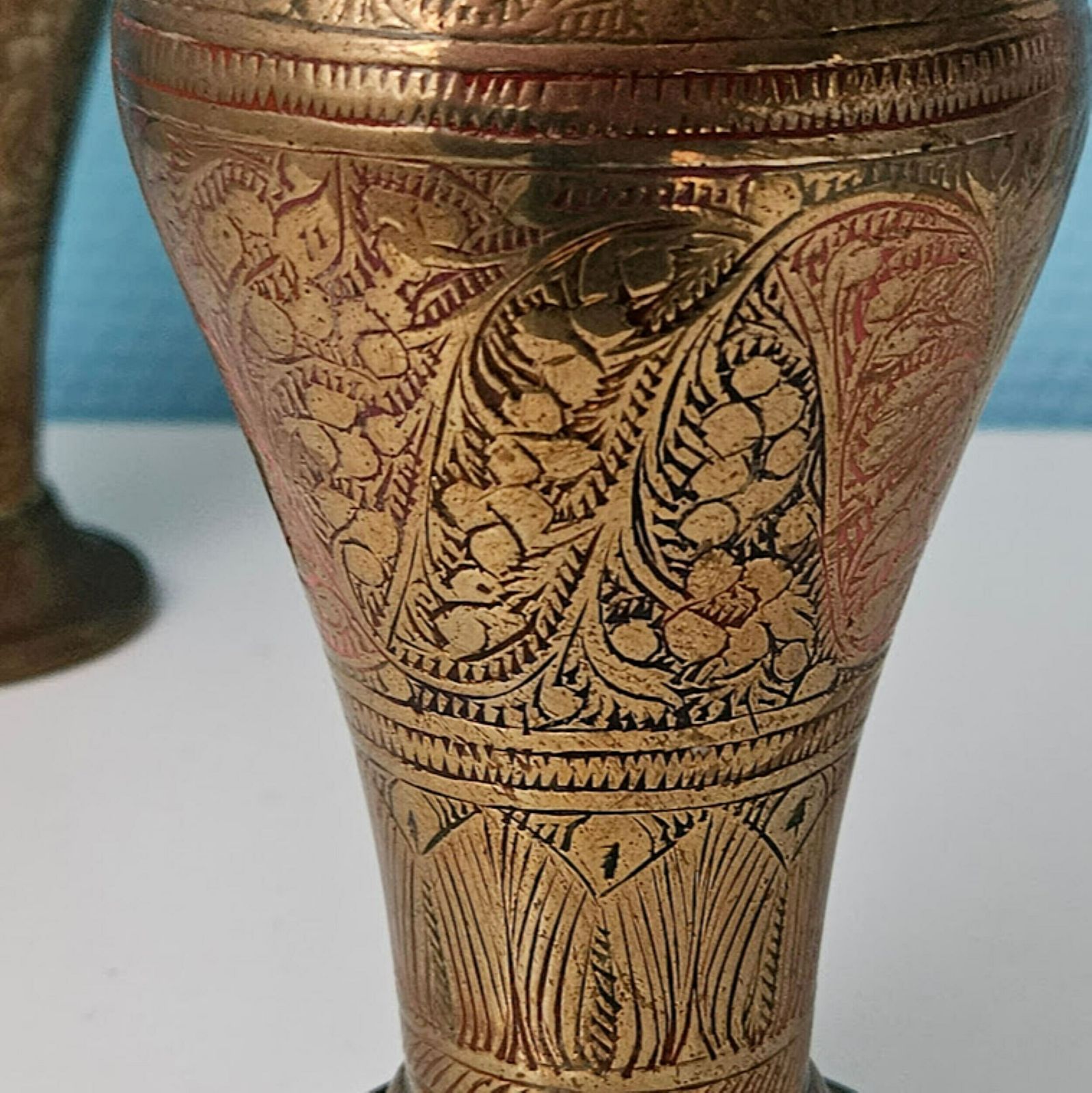 Pair Of Gold Vases Engraved Brass 7" , New Home Gift, Brass Anniversary Gift, Asian Brass Vases, Oriental India Vases photo vintage