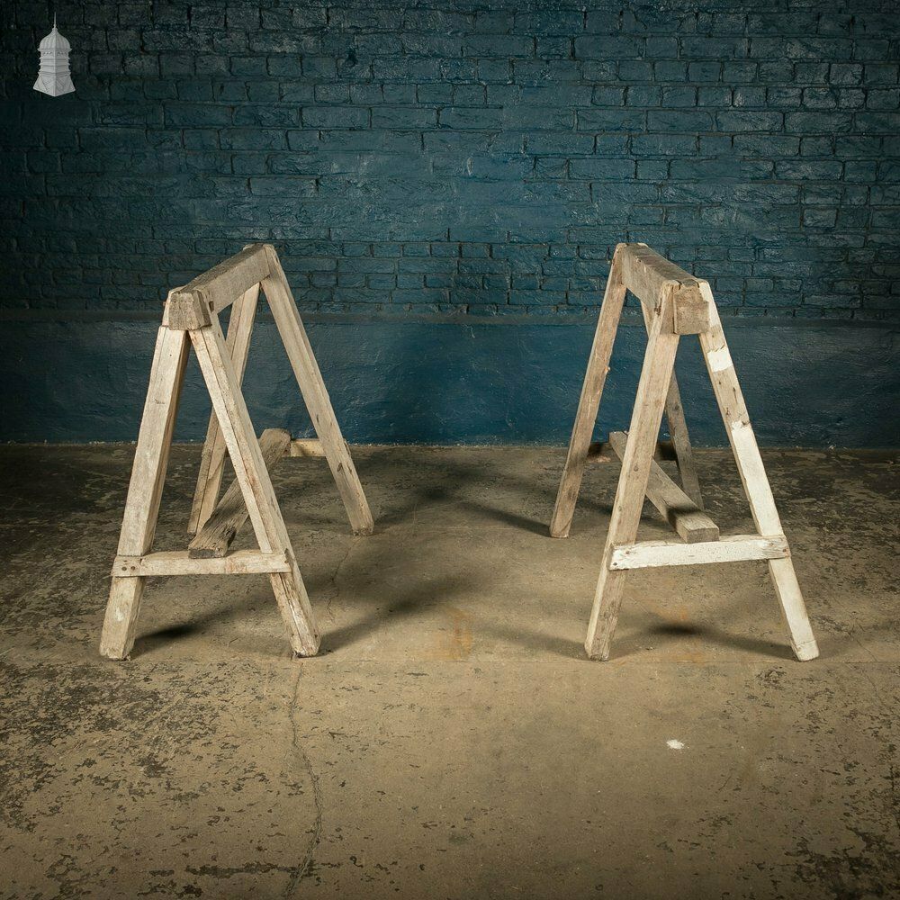 photo buy Vintage Wooden Trestles, Pair Of Rustic Workshop Trestles