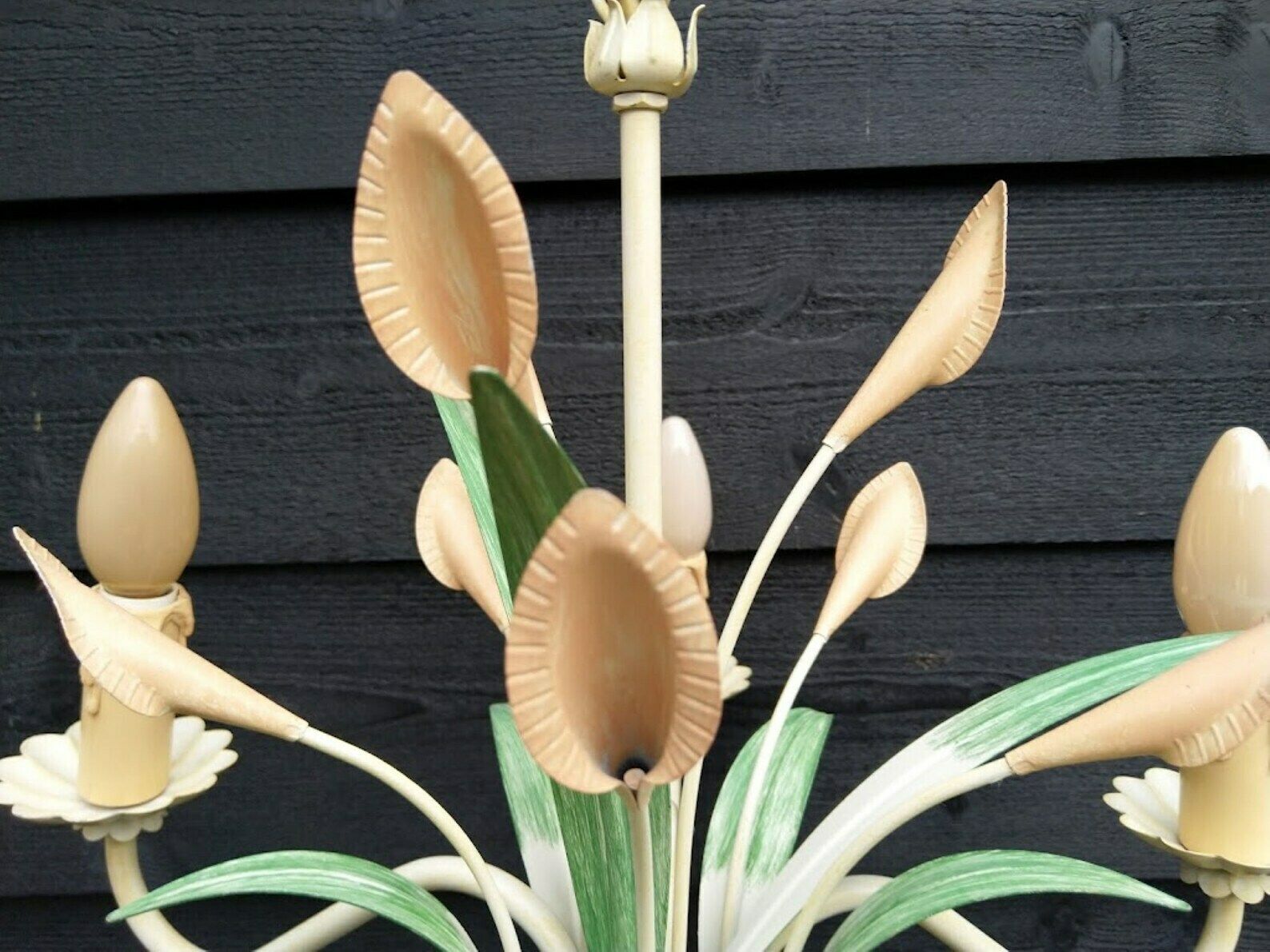 Vintage French Tole Chandelier Cream With Blush Pink Flowers With Pastel Green Leaves Cala Lily 5 Arms, Cottage Core Decor photo buy