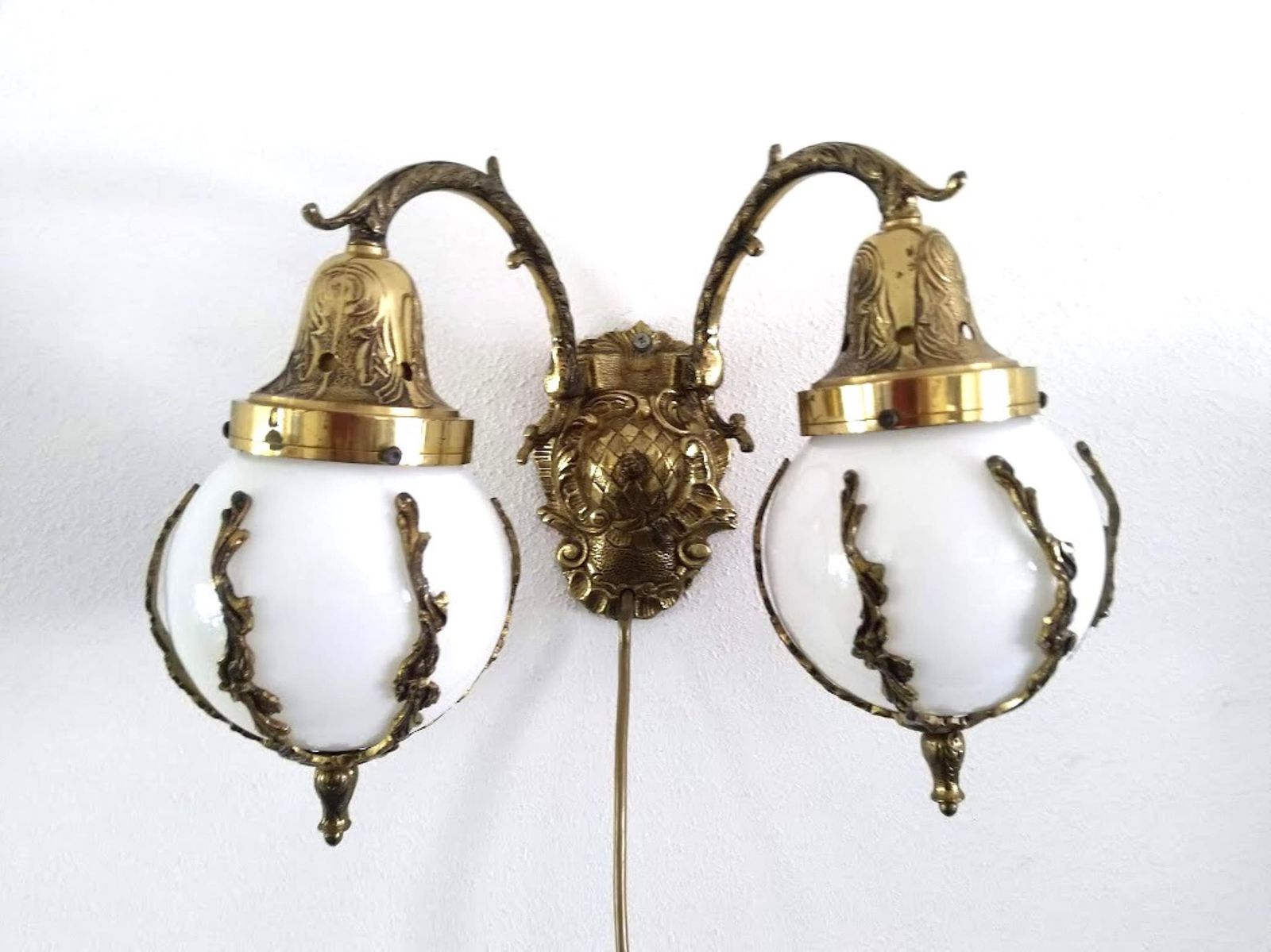 Double Brass Sconce Art Nouveau Style With Milk Glass Globes Lampshades