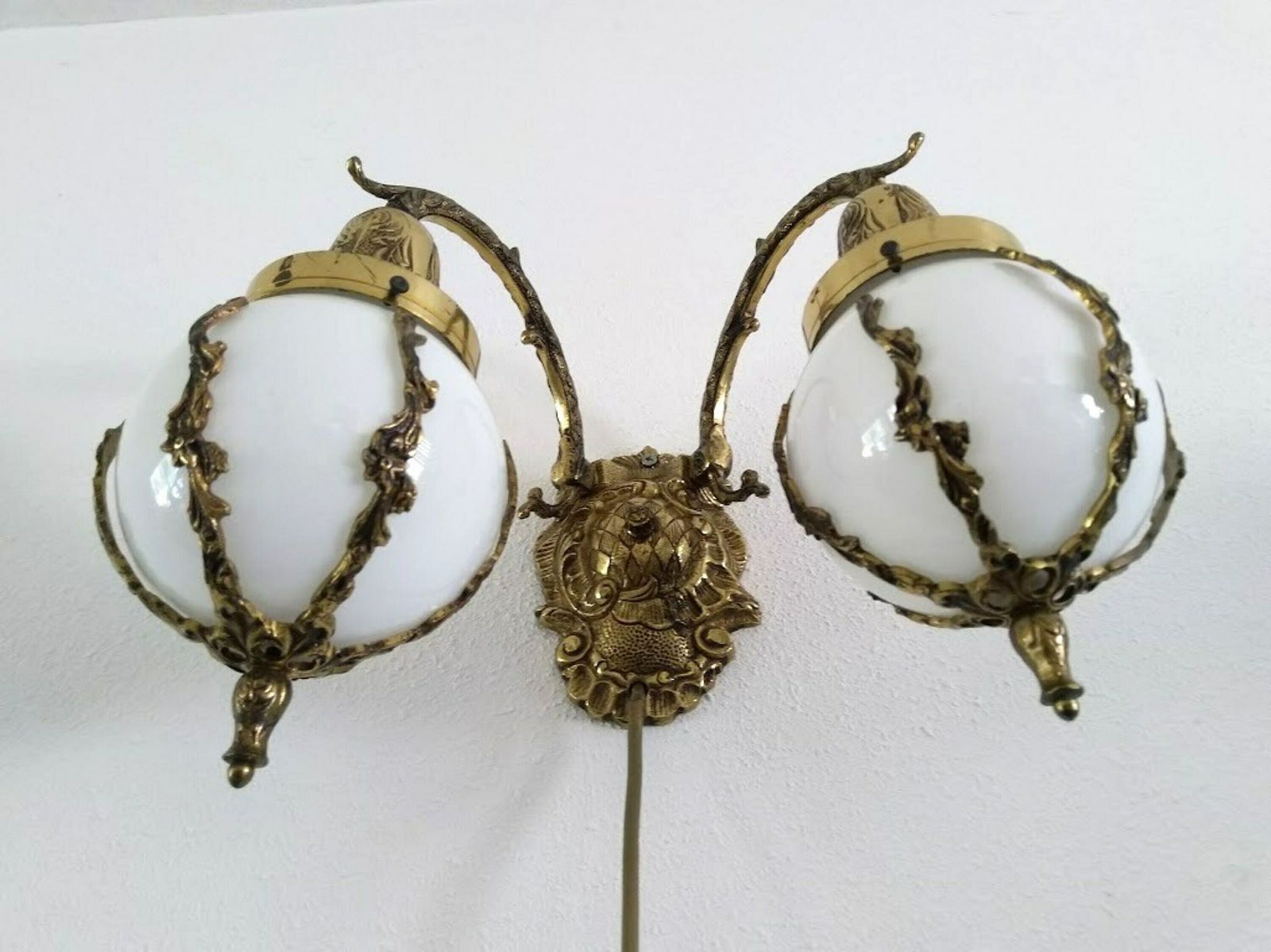 Double Brass Sconce Art Nouveau Style With Milk Glass Globes Lampshades photo furniture