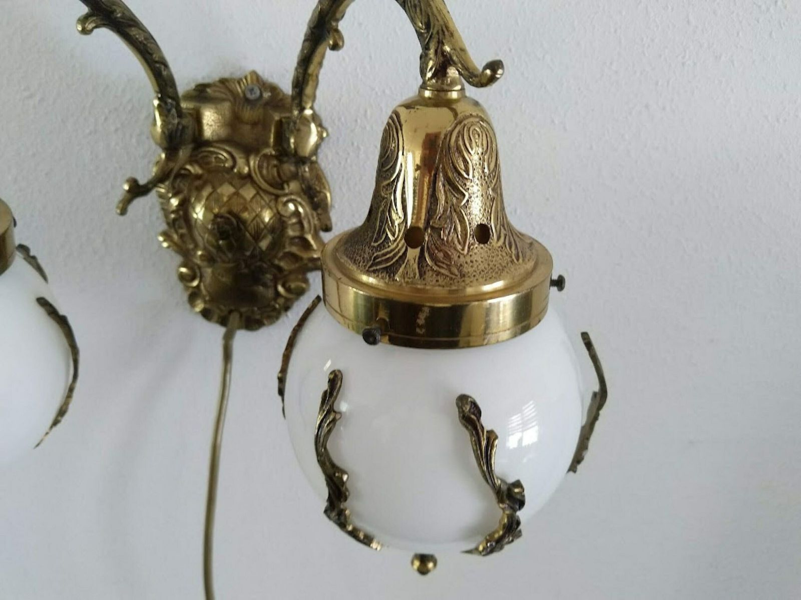 Double Brass Sconce Art Nouveau Style With Milk Glass Globes Lampshades photo Lighting