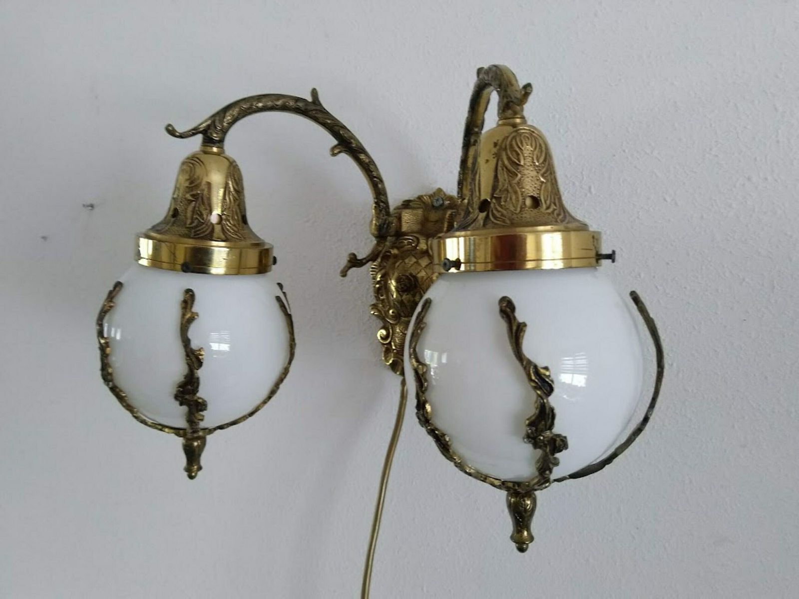 Double Brass Sconce Art Nouveau Style With Milk Glass Globes Lampshades photo vinterior