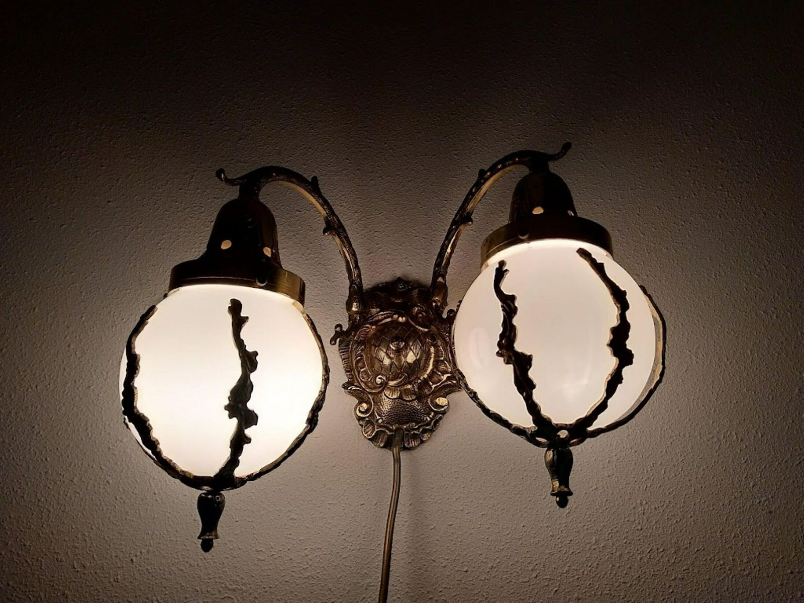 photo furniture Double Brass Sconce Art Nouveau Style With Milk Glass Globes Lampshades