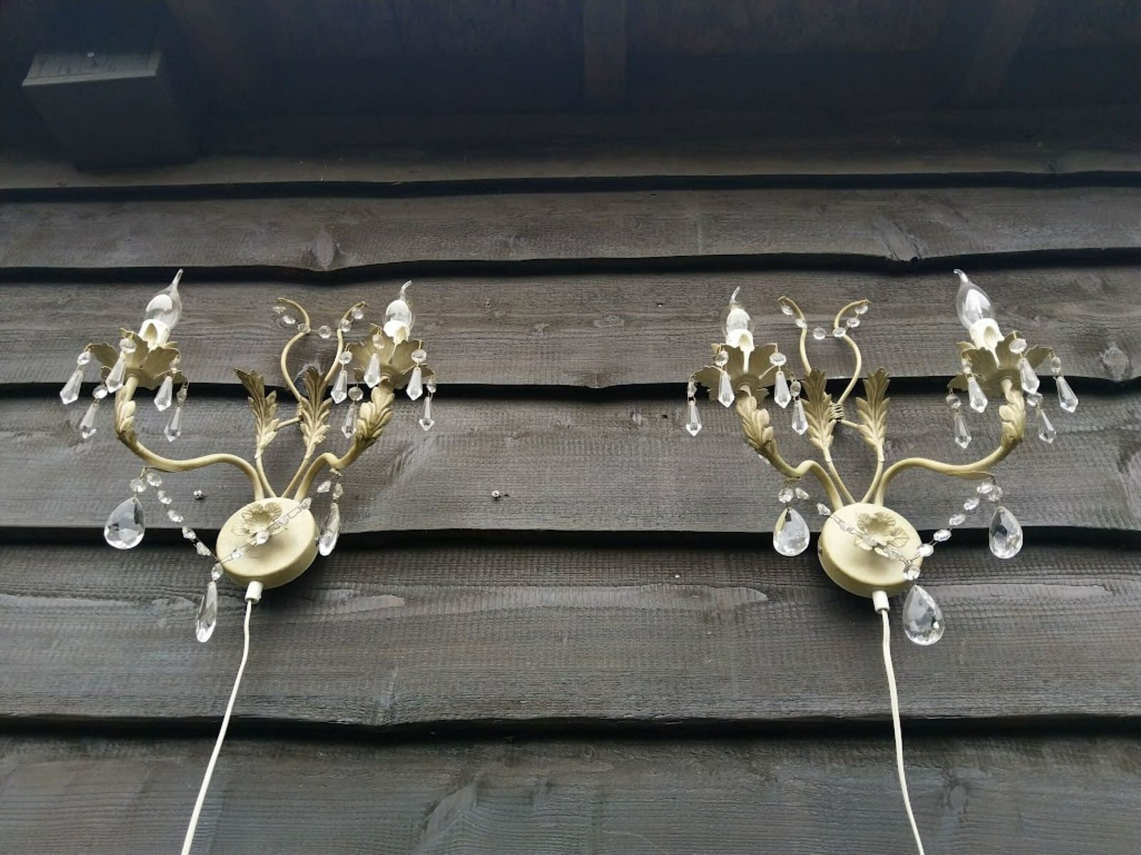 Pair Of Italian Tole White Sconces With Leaves And Crystals, Wall Lamps With Long Cord, Dimmer, Switch And Plug photo vintage