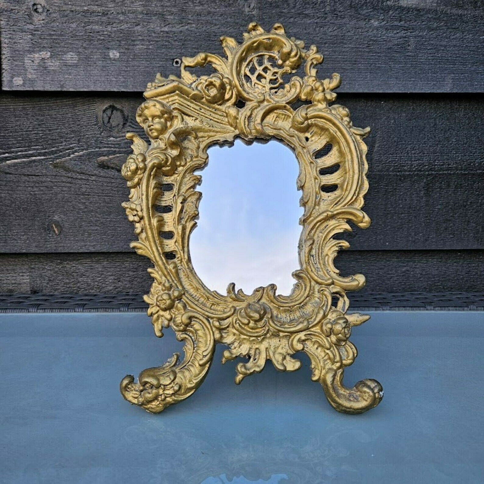 French Antique Rococo Table Top Vanity Mirror Golden Brass Frame With Cherub And Flowers/Christmas Gift For Her/Bridal Shower Gift For Bride