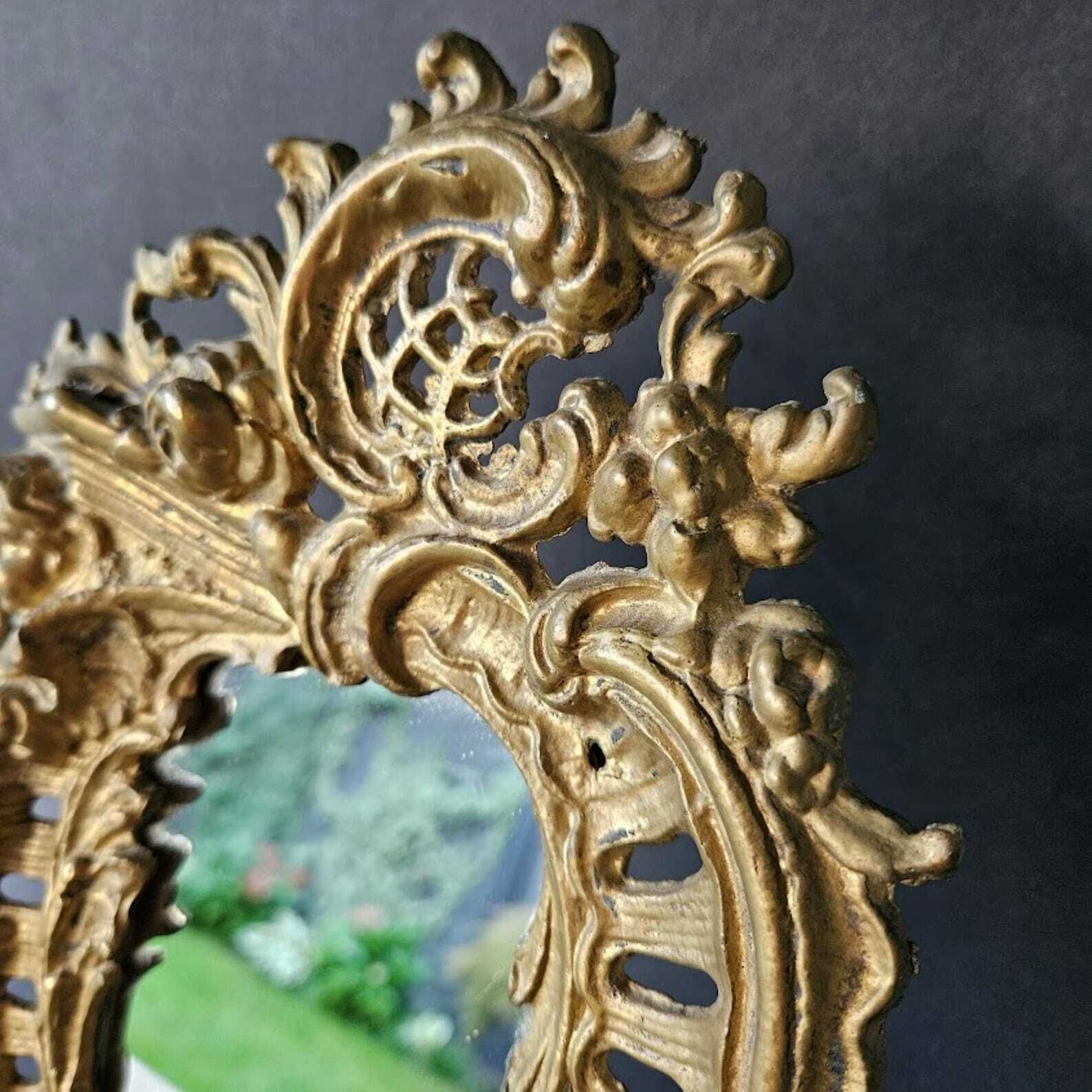 French Antique Rococo Table Top Vanity Mirror Golden Brass Frame With Cherub And Flowers/Christmas Gift For Her/Bridal Shower Gift For Bride photo 179.0