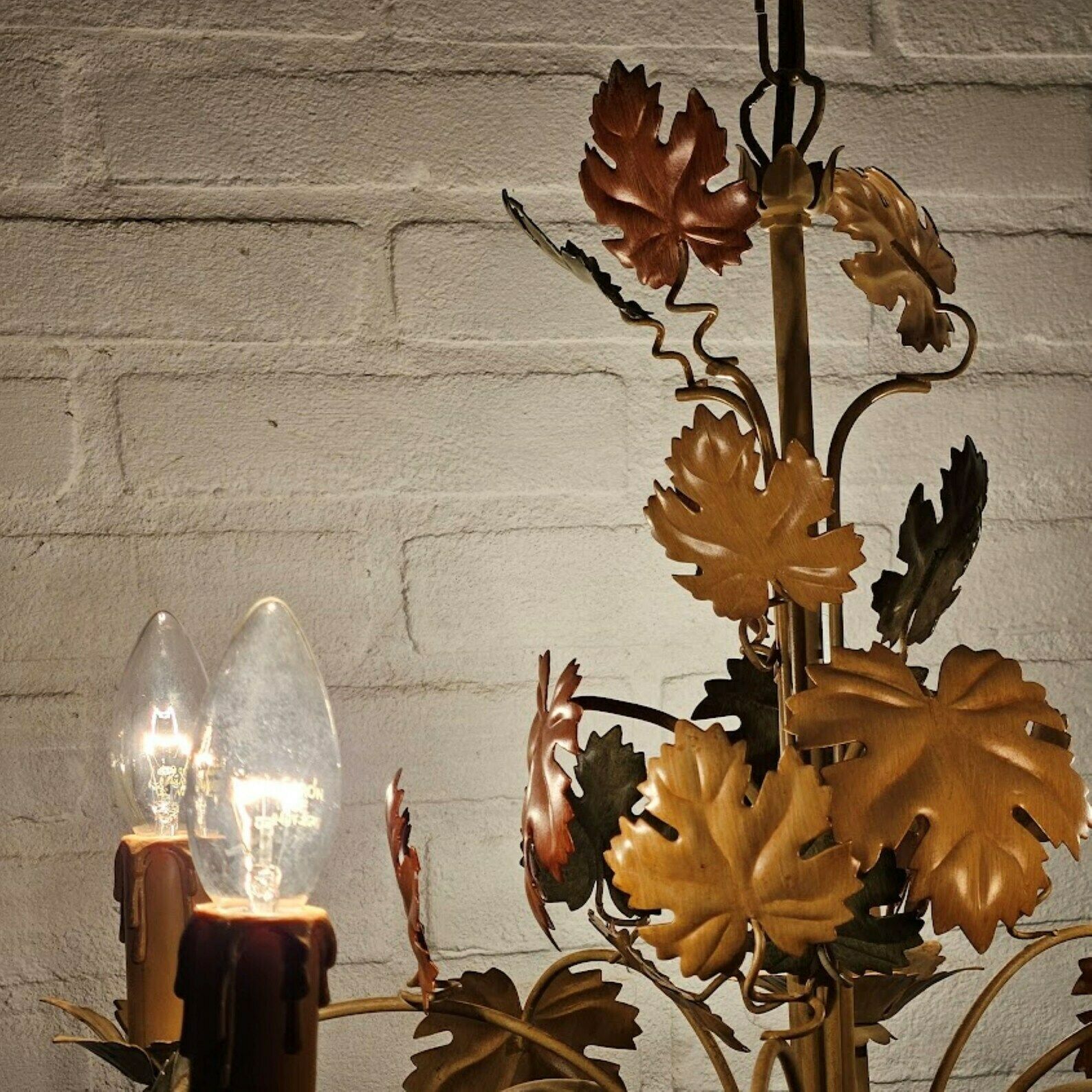 Tole Chandelier Grapevine Leaves In Beige, Orange , Green Tones, 5 Arms, Autumn Decor photo buy