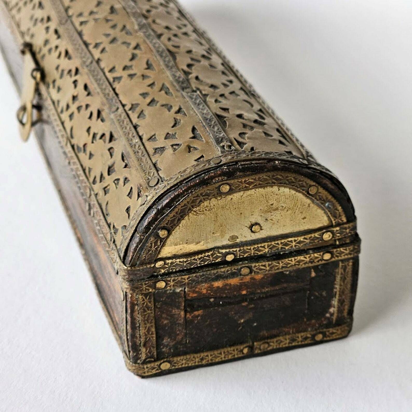 Long Jewelry Gift Box From Brass And Dark Wood, Hobby Box, Desk Box, Treasure Box, Christmas Gift photo 69.0