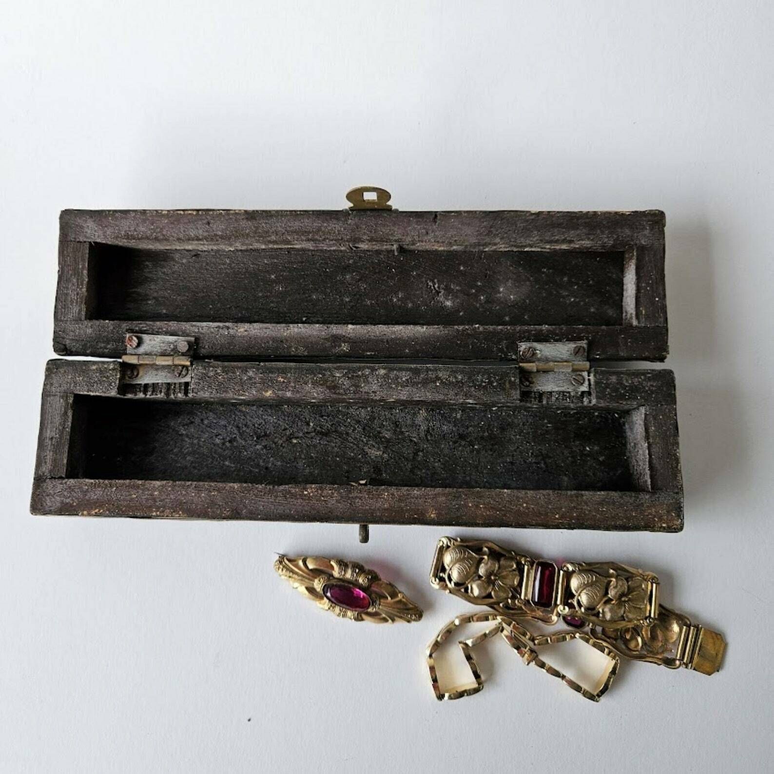 Long Jewelry Gift Box From Brass And Dark Wood, Hobby Box, Desk Box, Treasure Box, Christmas Gift photo vintage