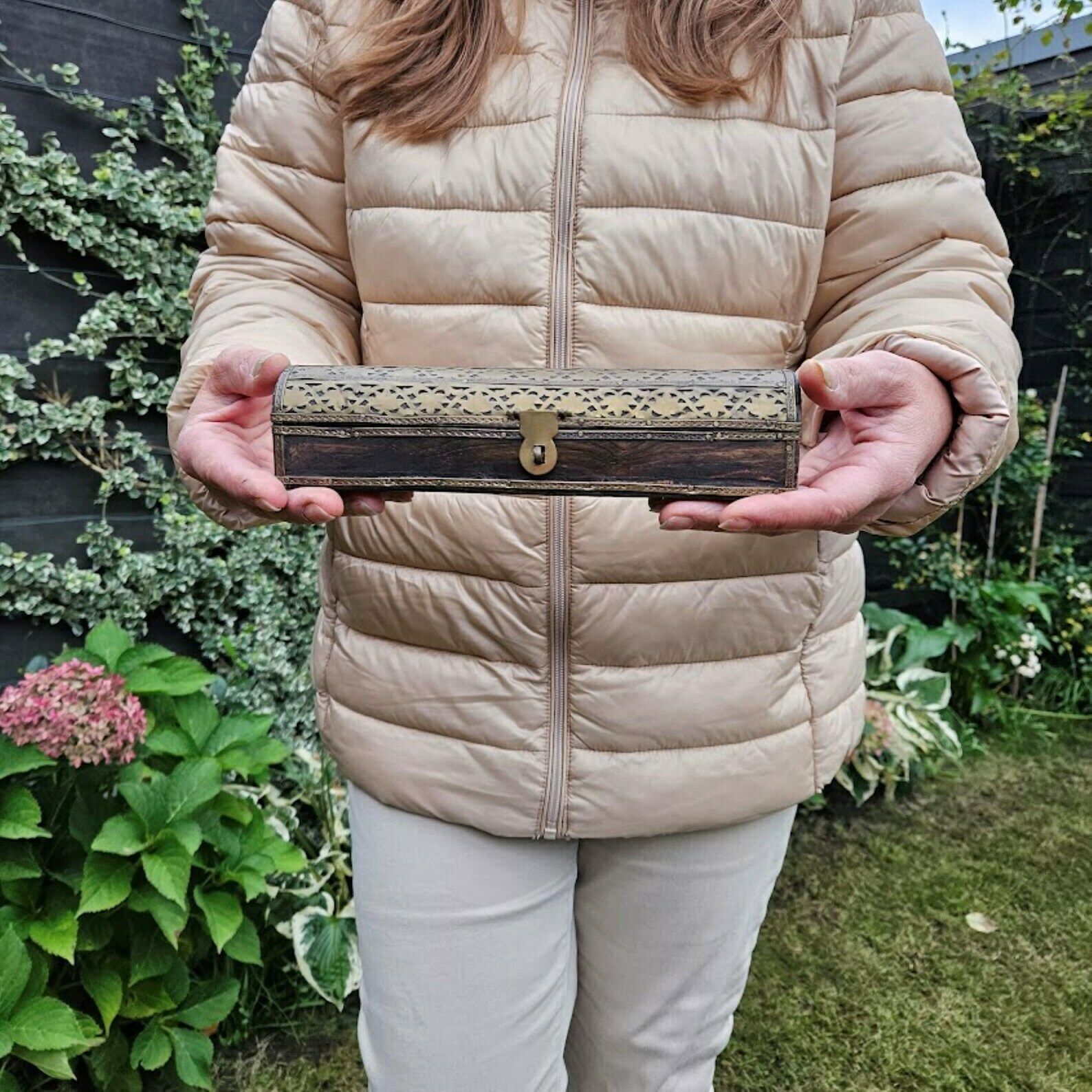 photo for sale Long Jewelry Gift Box From Brass And Dark Wood, Hobby Box, Desk Box, Treasure Box, Christmas Gift