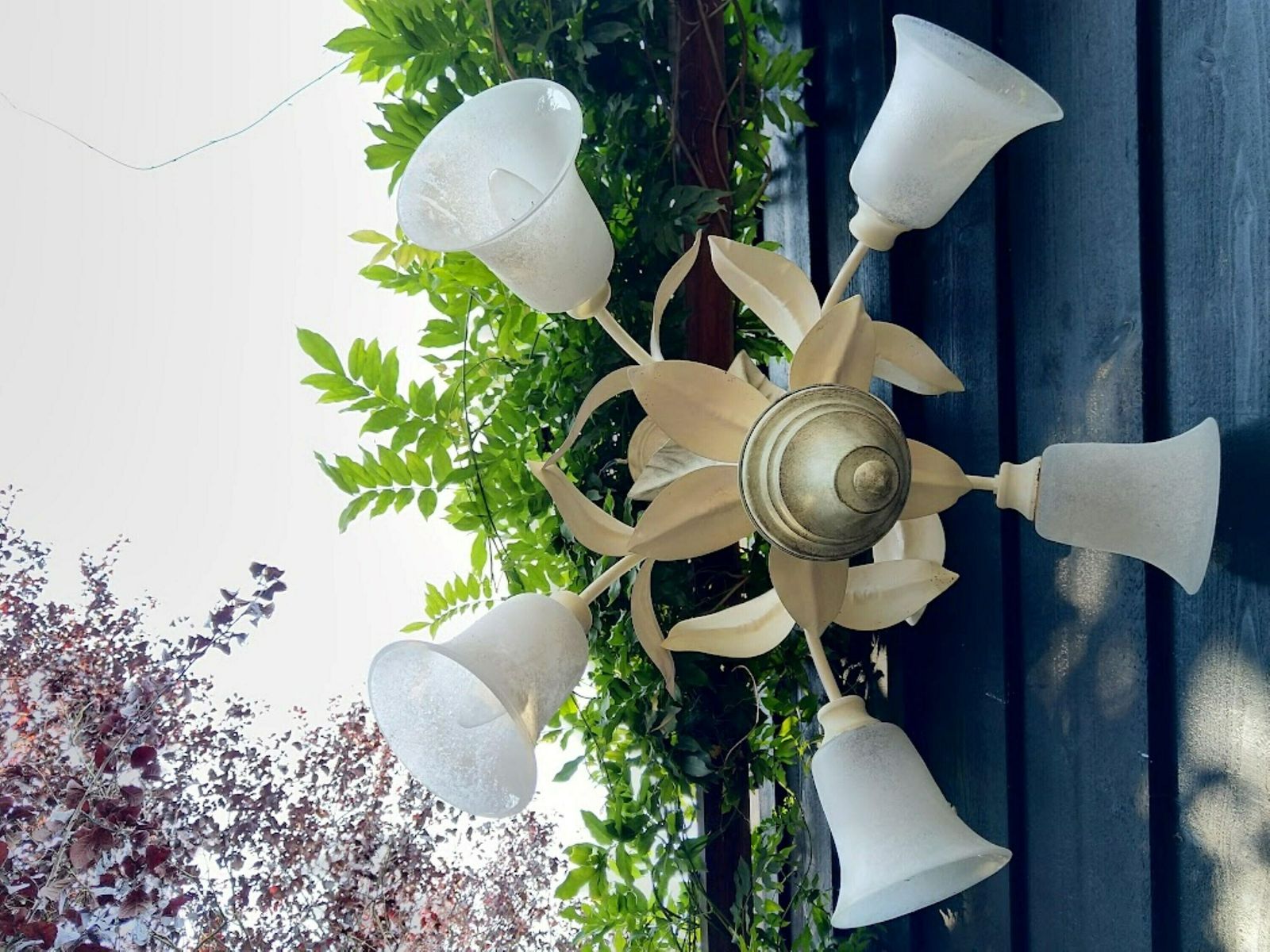 Tole Chandelier Leaves And Frosted Lampshades Cream Green 5 Arms, Toleware Ceiling Light, Toleware Leaves Chandelier photo 406.0