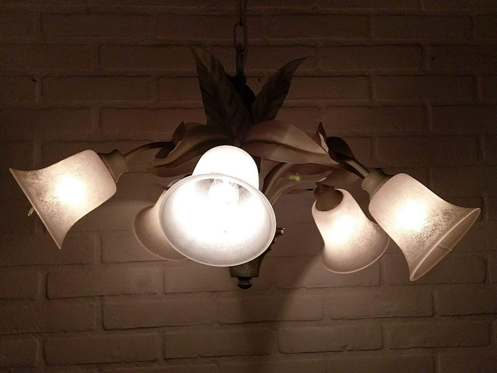 Tole Chandelier Leaves And Frosted Lampshades Cream Green 5 Arms, Toleware Ceiling Light, Toleware Leaves Chandelier photo buy