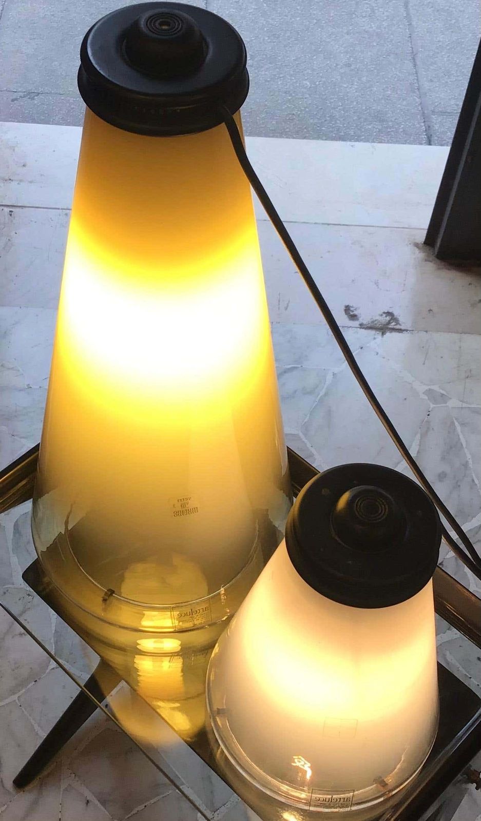 photo for sale Arteluce "Cone And Conetto" Couple Table Lamps Glass 1975 Italy