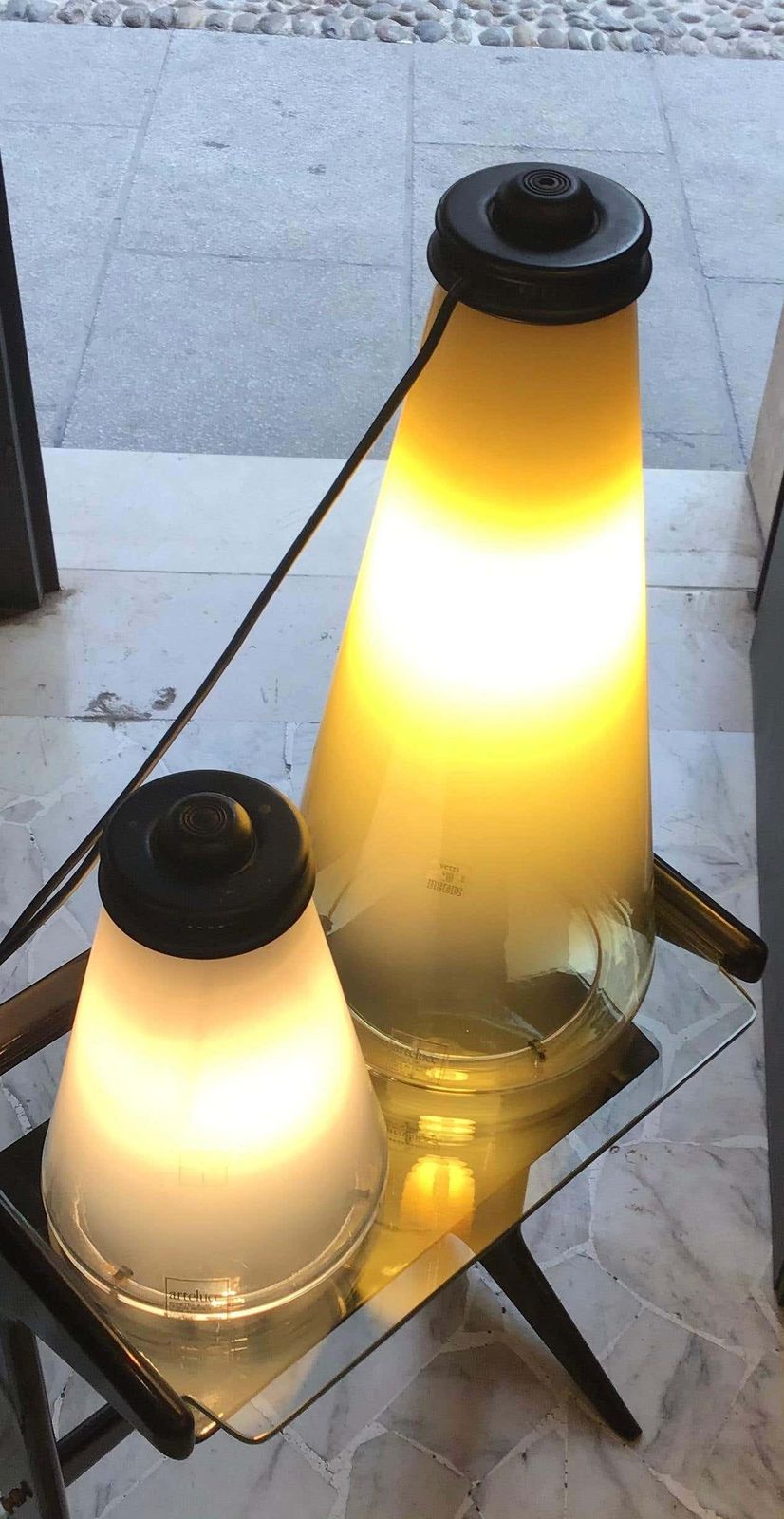 photo vinterior Arteluce "Cone And Conetto" Couple Table Lamps Glass 1975 Italy