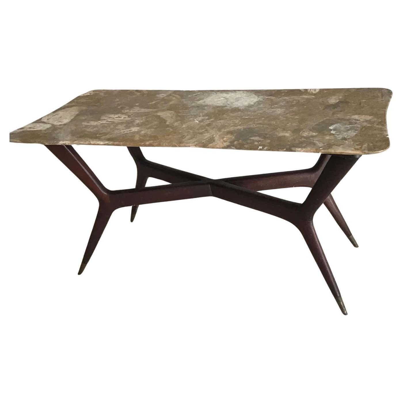 Gio' Ponti Coffee Table Brass Wood Marble, Certificate Archive 1950, Italy