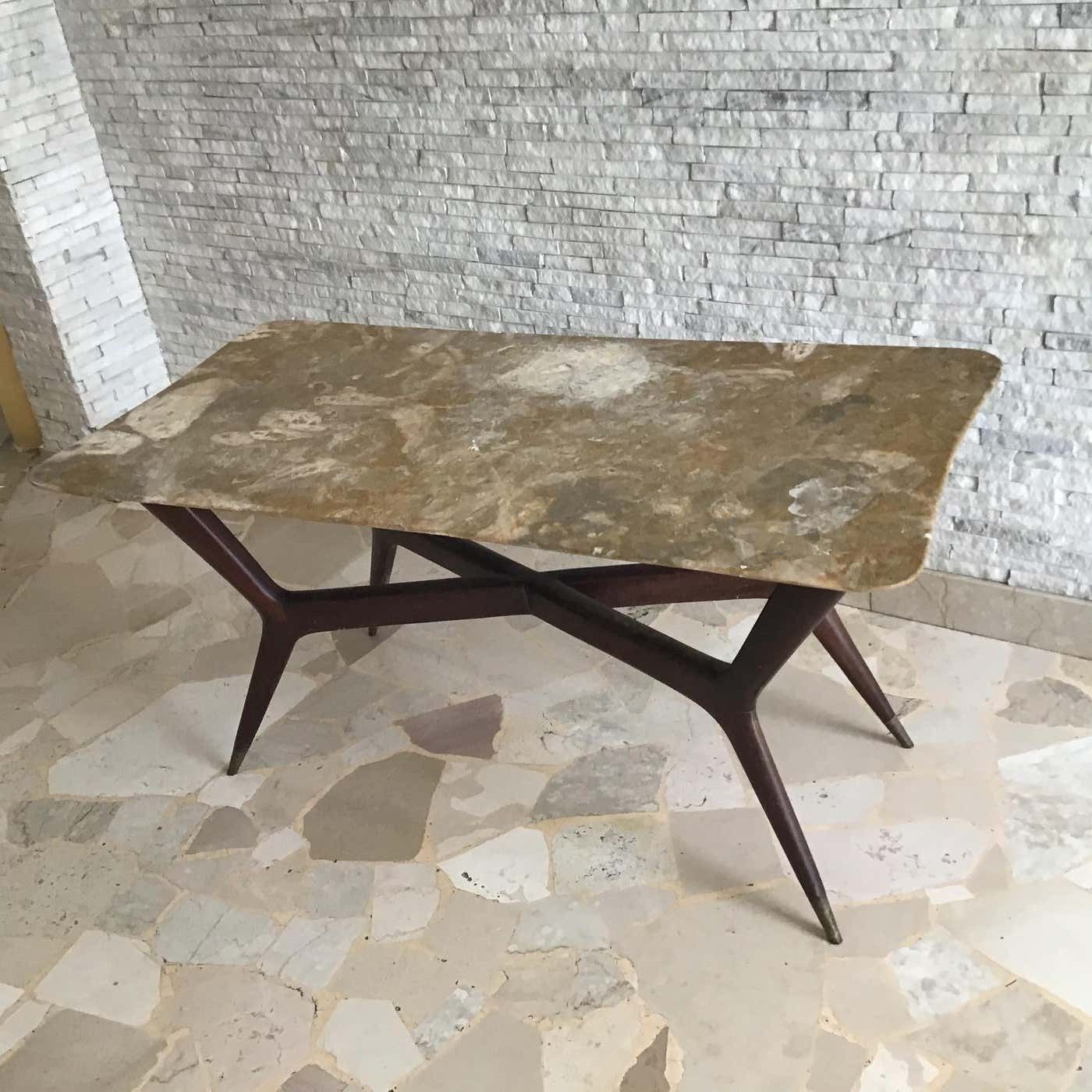 Gio' Ponti Coffee Table Brass Wood Marble, Certificate Archive 1950, Italy photo for sale