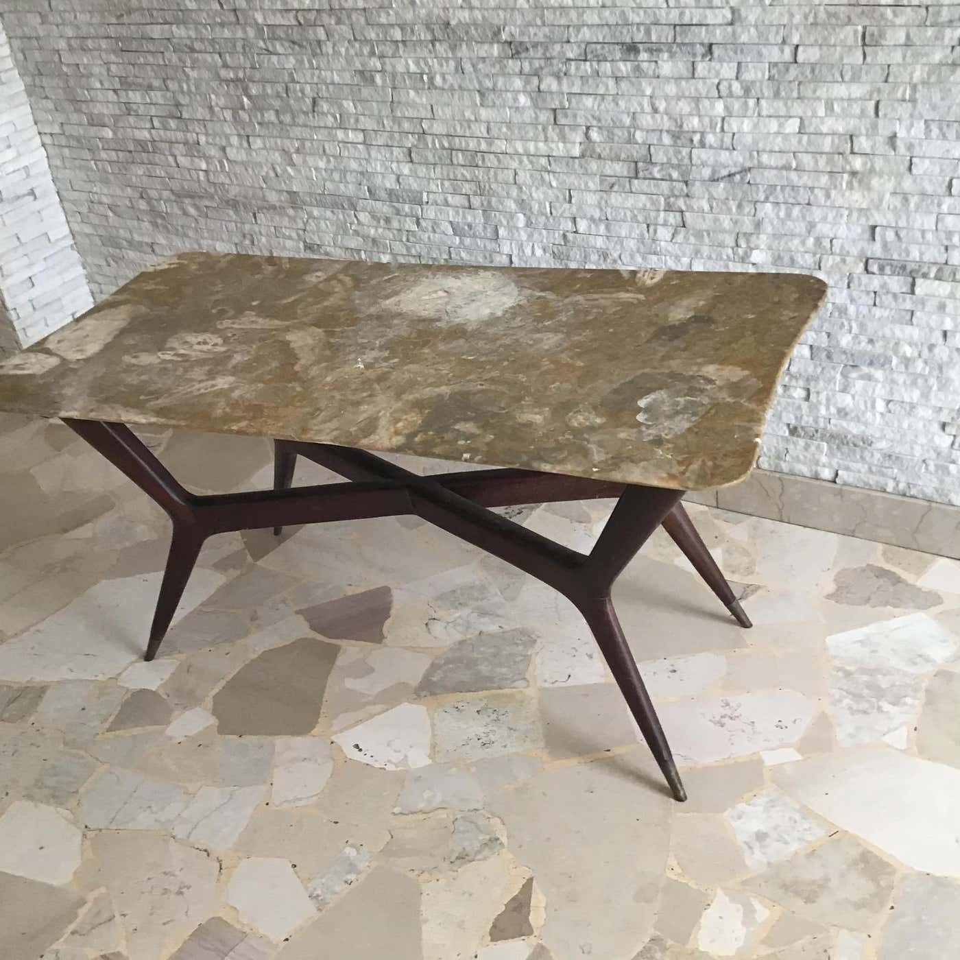 Gio' Ponti Coffee Table Brass Wood Marble, Certificate Archive 1950, Italy photo Furniture