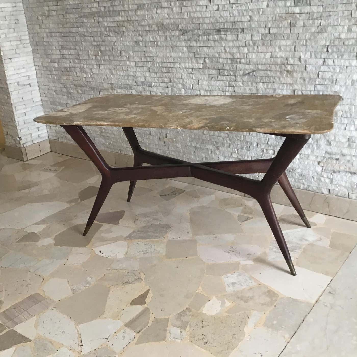 Gio' Ponti Coffee Table Brass Wood Marble, Certificate Archive 1950, Italy photo vinterior