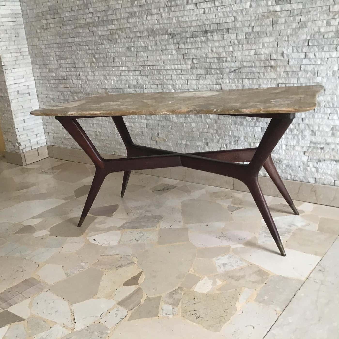 Furniture Gio' Ponti Coffee Table Brass Wood Marble, Certificate Archive 1950, Italy photo