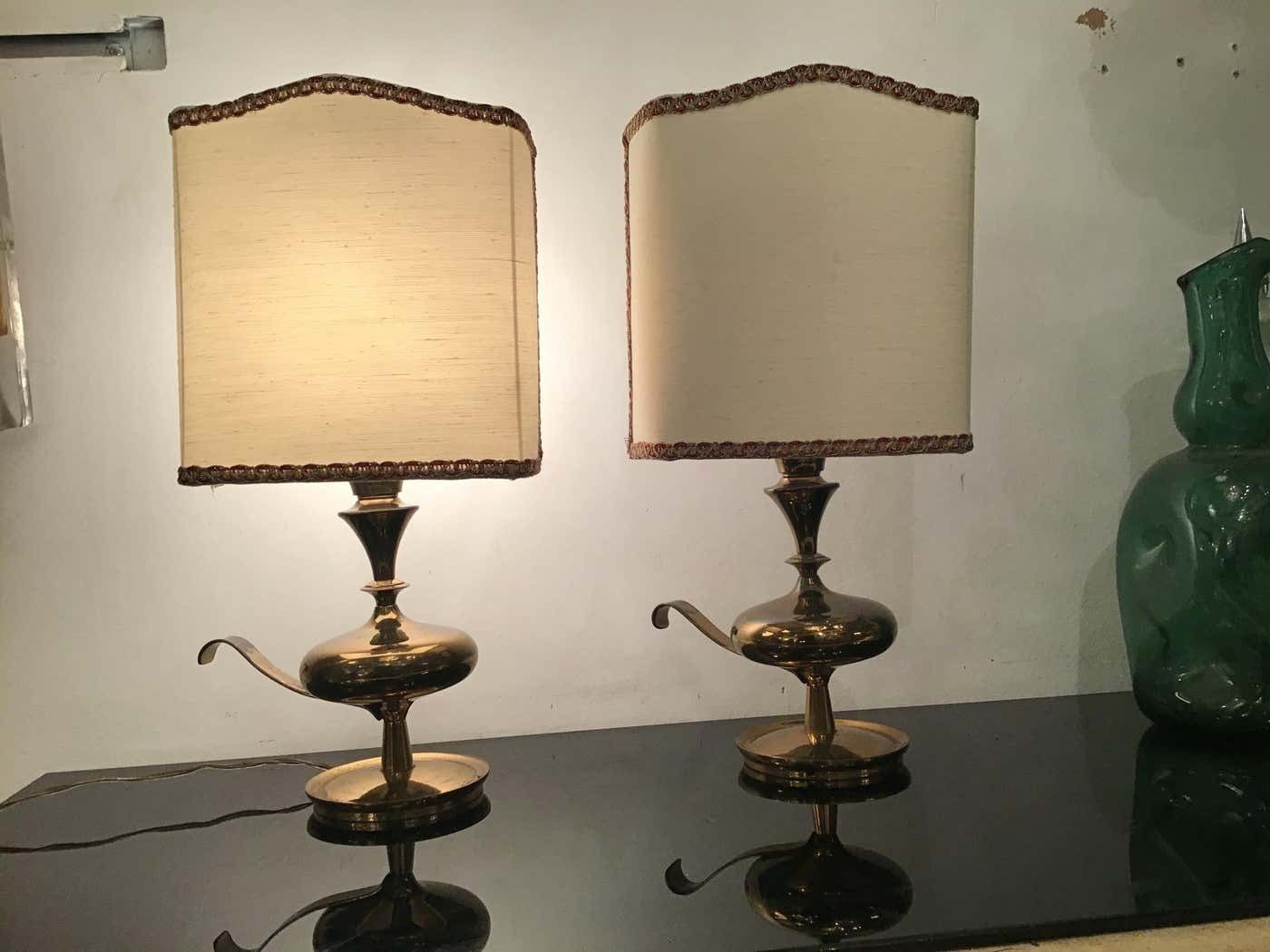 Angelo Leliipair Of Brass Table Lamps Fabric Lampshade 1950s Italy photo vintage