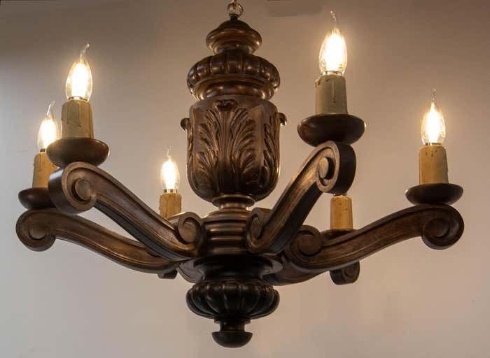 Spanish Renaissance Style Oak Ceiling Lustre Six Lamps, Circa 1960 photo 990.0