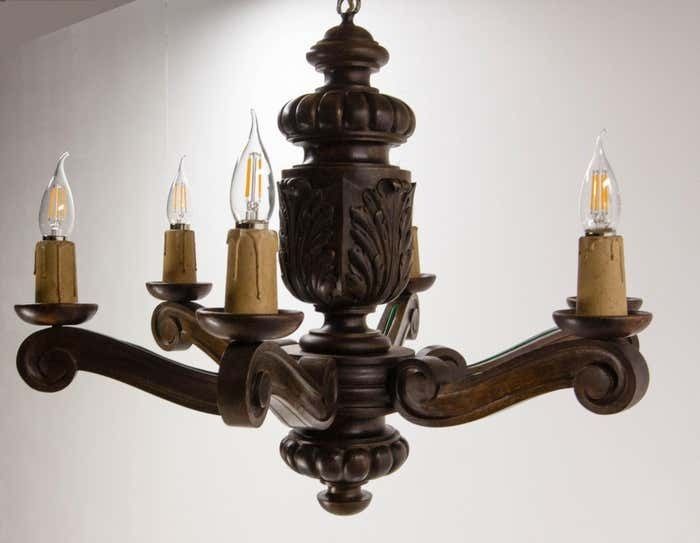 Spanish Renaissance Style Oak Ceiling Lustre Six Lamps, Circa 1960 photo buy