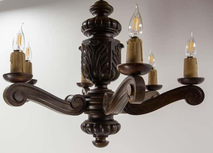 Spanish Renaissance Style Oak Ceiling Lustre Six Lamps, Circa 1960 photo vintage